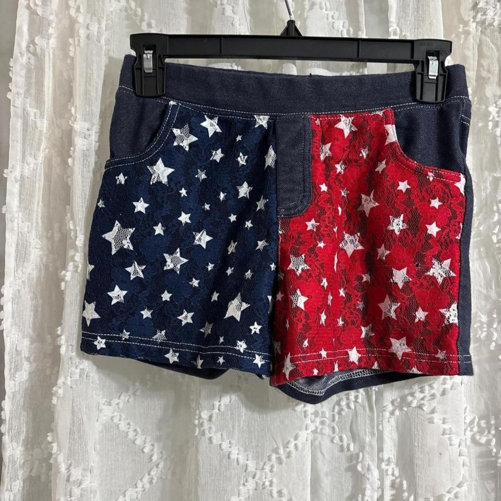 Girls Patriotic American Flag Lace Star Shorts Red White Blue